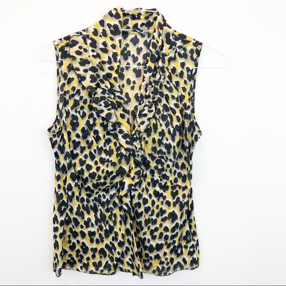 T Tahari Animal Print V Ruffle Neck Blouse Small